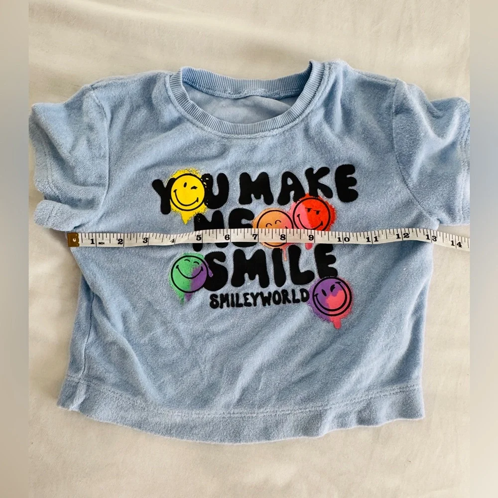 H&M x SmileyWorld Terry Crop Top Shorts Set Girls Sz 4-5 Blue Graphic Tee Smile